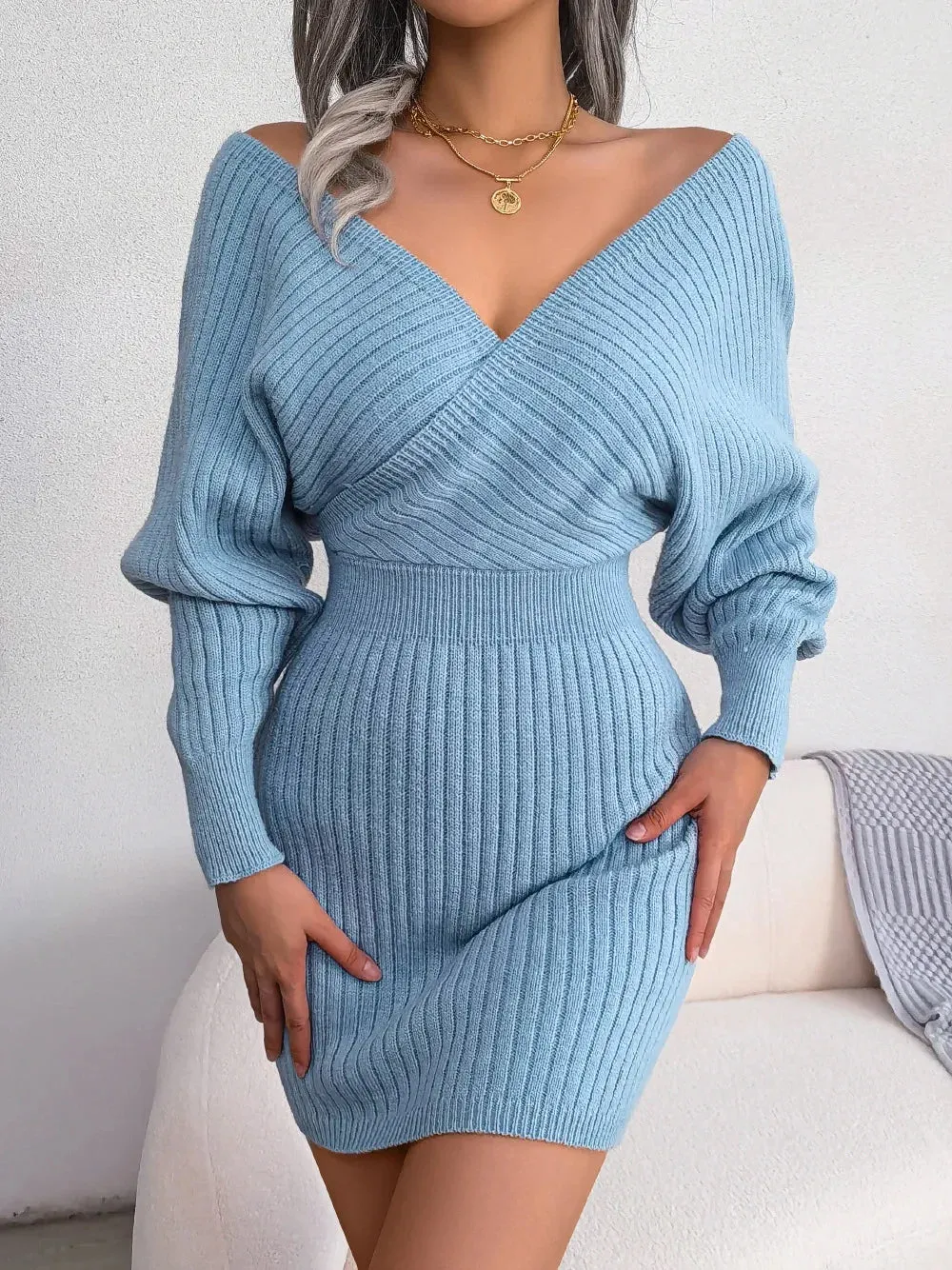 2024 New Spring Bodycon Sweater Casual Long Sleeve Knitted White Green Blue Dress