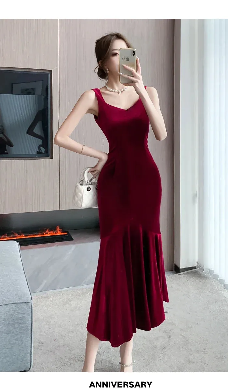 Backless Sleeveless Midi Dresses,  Autumn Winter Elegant Wedding Party Mermaid Female Clothing