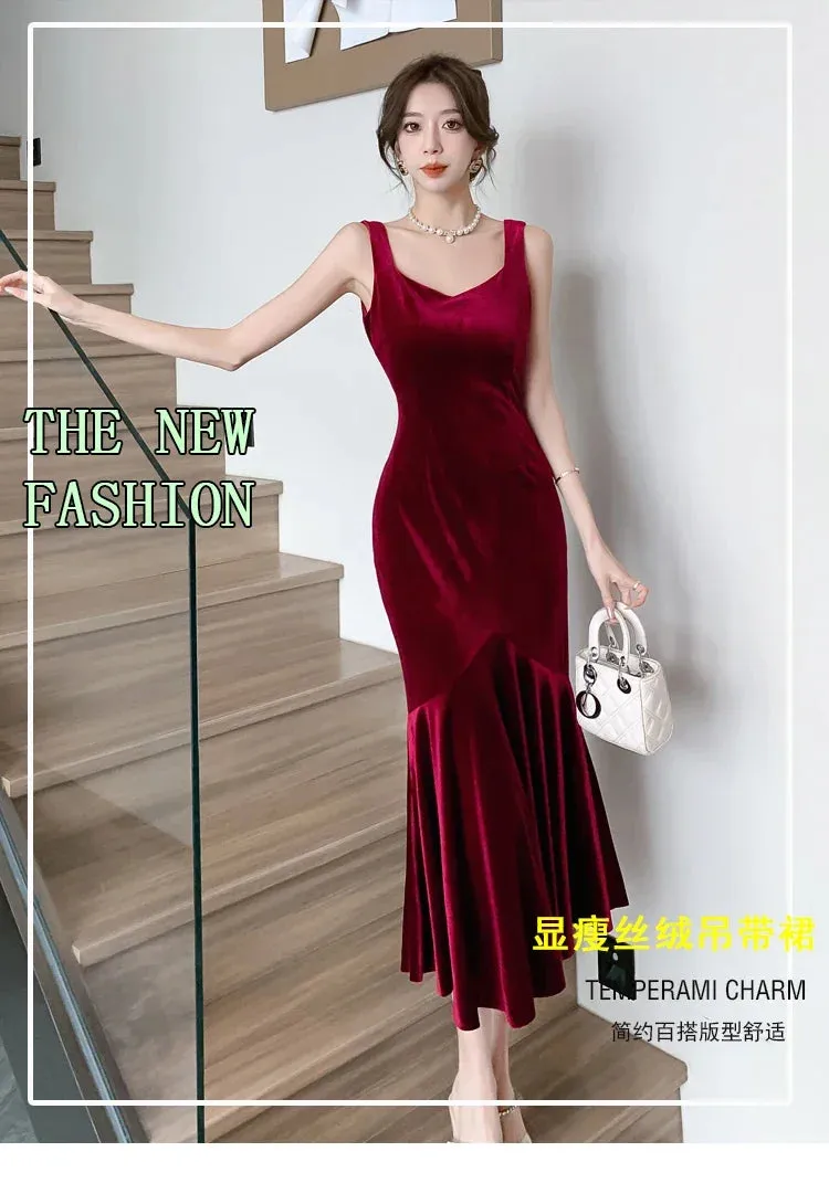 Backless Sleeveless Midi Dresses,  Autumn Winter Elegant Wedding Party Mermaid Female Clothing