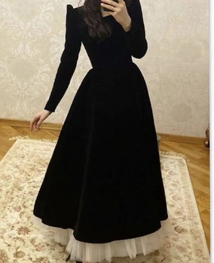 Black A-Line Long Sleeves Velvet Formal Long Prom Dress,DP1537