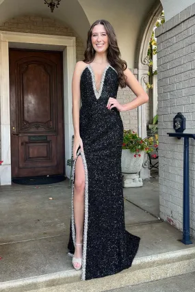 Black Deep V Neck Sequins Mermaid Long Prom Dress with Beading,DP1386