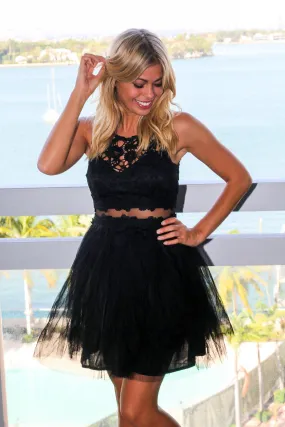 Black Tulle Short Dress with Crochet Top