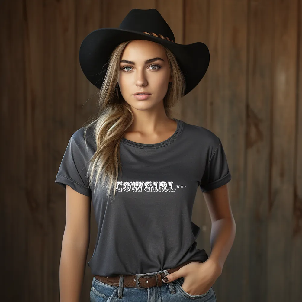 Cowgirl with Sheriff Stars Graphic Tee Shirt - Bourbon Cowgirl