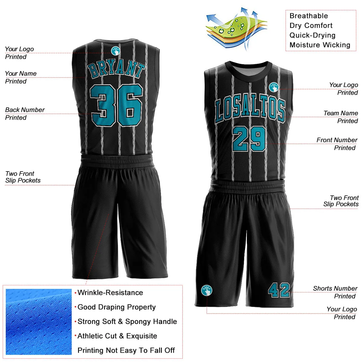 Custom Black Teal-White Round Neck Sublimation Basketball Suit Jersey