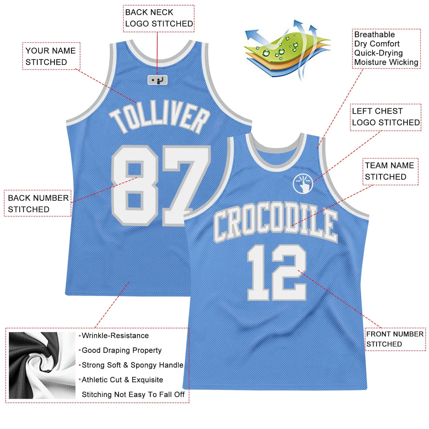 Custom Light Blue White-Gray Authentic Throwback Basketball Jersey