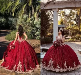 Dark Red Beaded Ball Gown Quinceanera Dresses Gold Beads Sweet 16 Dress Pageant Gowns vestido de 15 anos años quinceañera