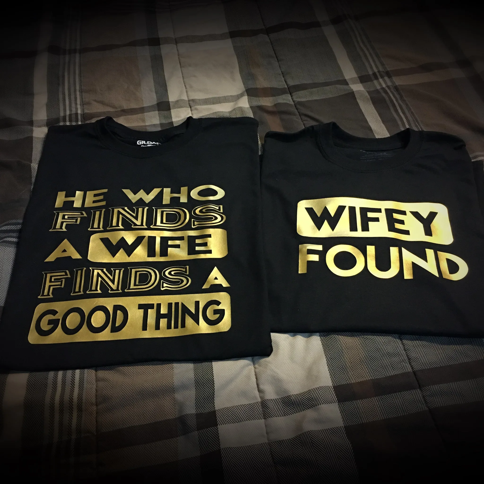 Family - He Who Finds A Wife/Wifey Found T-Shirt - Black/Gold Graphics Edition