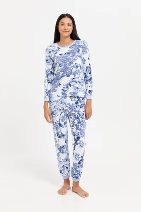 Women Blue Printed Fleece Pyjama Set (2 Piece)